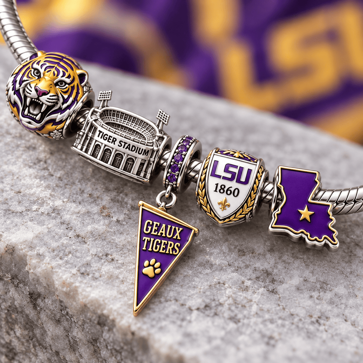LSU Silver Charm Bracelet Set PTT