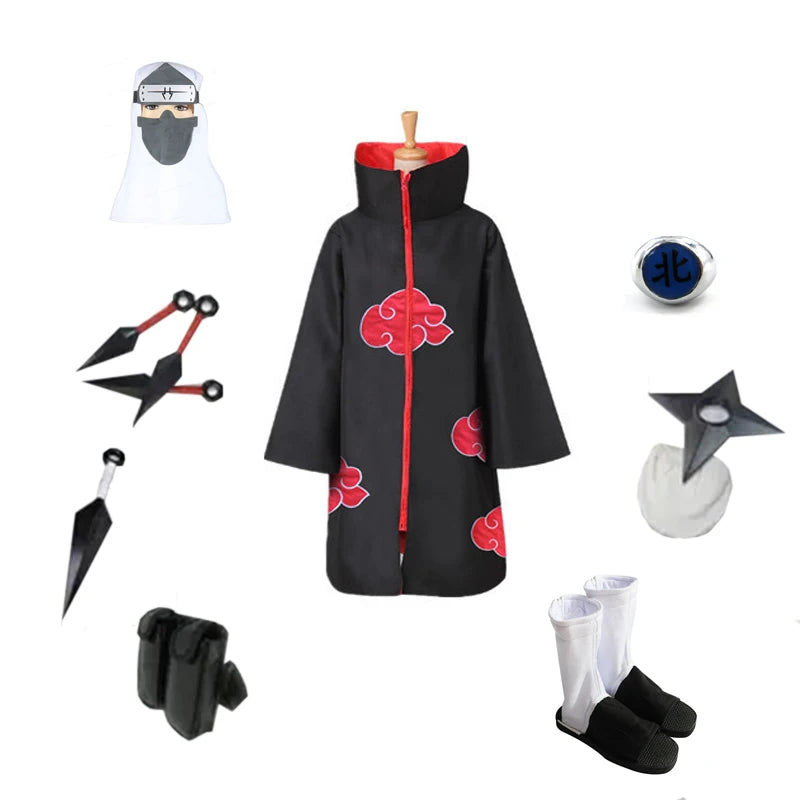 Brdwn Unisex Akatsuki Kakuzu Ninja Cosplay costume (red cloud cloak+headband/mask+shoes+ring+kunai+bag+shuriken)