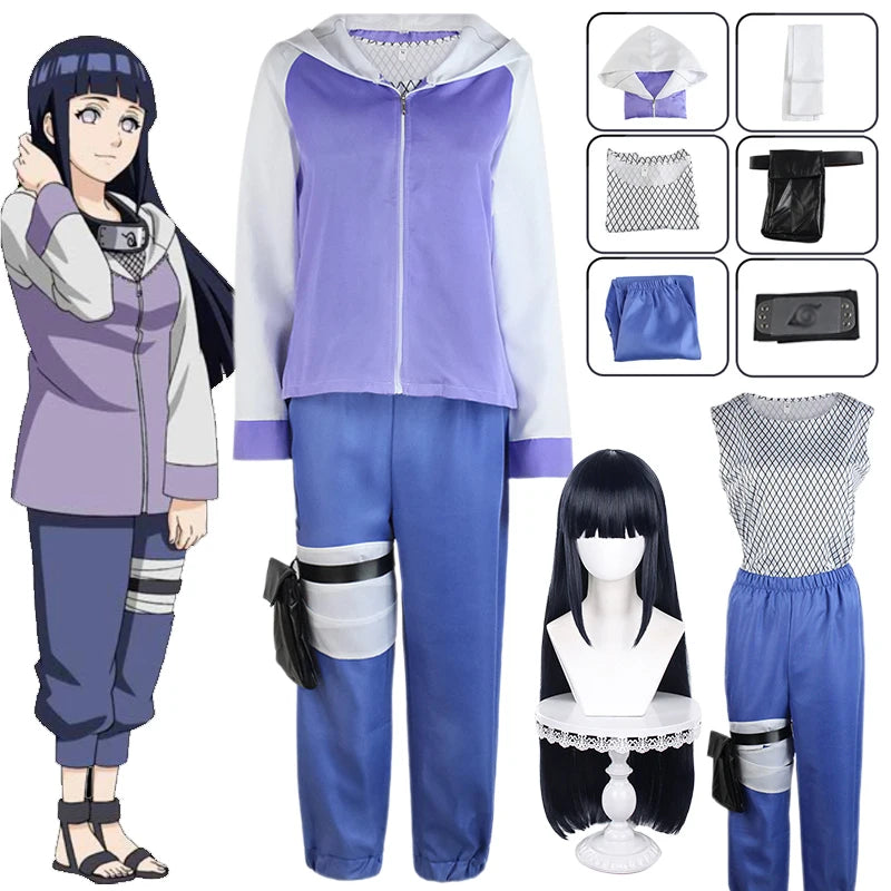 Anime Hyuga Hinata Cosplay Costume Ninja Hinata Hyuga Purple Uniform Wig Halloween Carnival Party Outfits for Women Cos